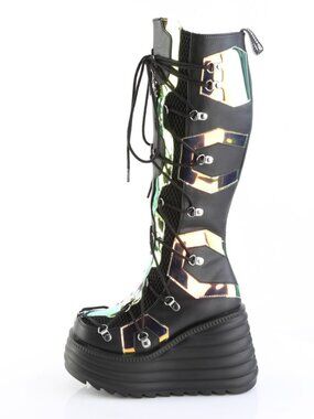 LED Light-Up Coffin Platform Wedge Lace-Up Knee-High Boot with Inner Side Zip